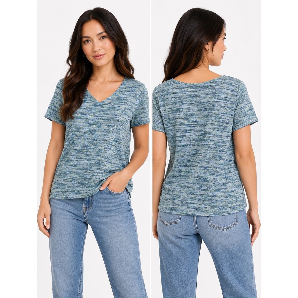 White Stag Knit Top Women XL Blue Green Metallic V-Neck Short Sleeve Shimmer